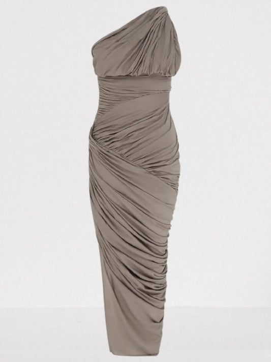 Asymmetric One-Shoulder Draped Gathered Twist Dress - Small / khaki - Dresses