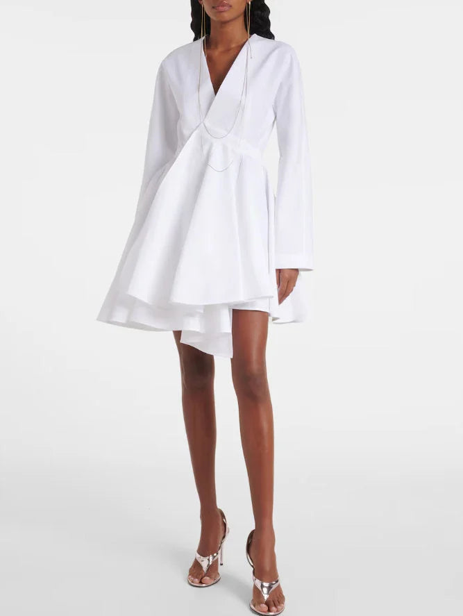 Asymmetric White Cotton V-Neck Mini Dress - Small - Dresses