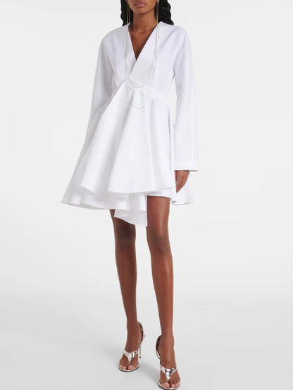 Asymmetric White Cotton V-Neck Mini Dress - Small - Dresses