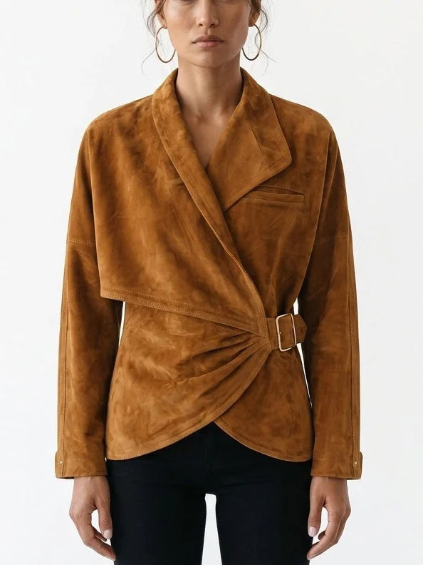 Asymmetric Wrap Suede Jacket with Buckle Waist - S / Camel/Tan - Jackets