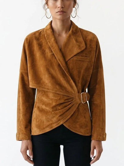 Asymmetric Wrap Suede Jacket with Buckle Waist - S / Camel/Tan - Jackets