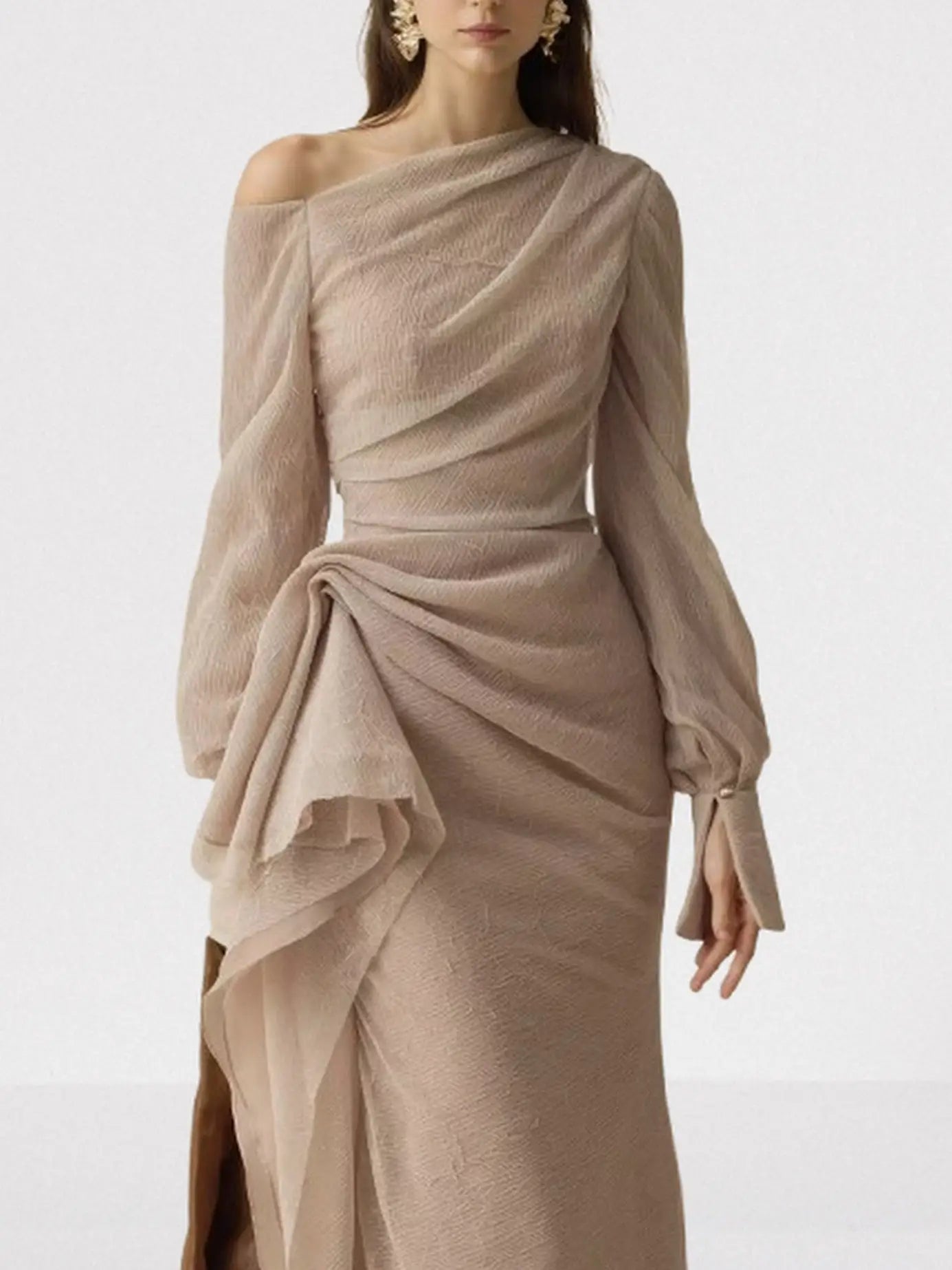 Asymmetric Draped One-Shoulder Gathered Crepe Dress - Dresses
