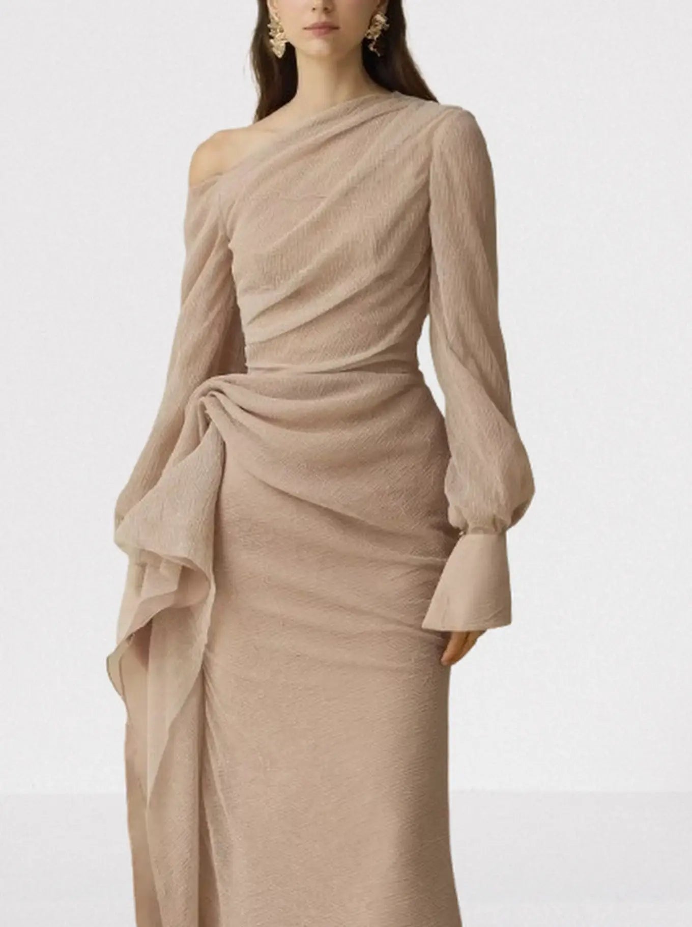 Asymmetric Draped One-Shoulder Gathered Crepe Dress - Dresses