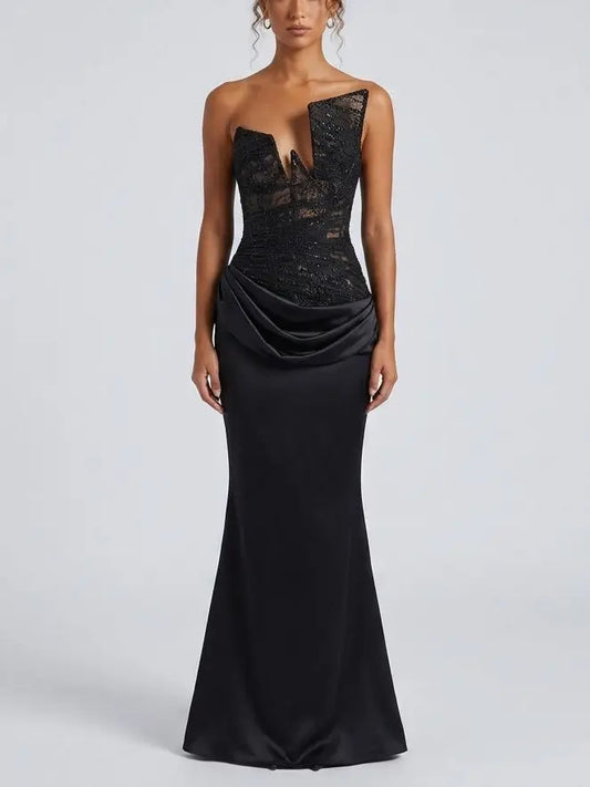 Asymmetric Lace Corset Satin Draped Gown - Dresses
