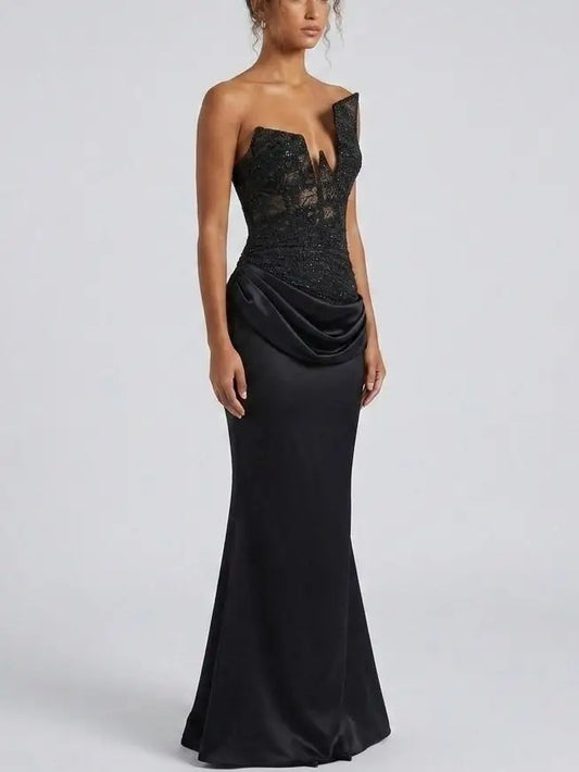 Asymmetric Lace Corset Satin Draped Gown - Dresses