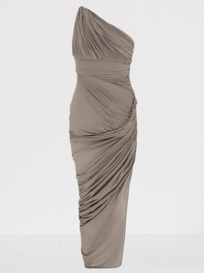 Asymmetric One-Shoulder Draped Gathered Twist Dress - Dresses