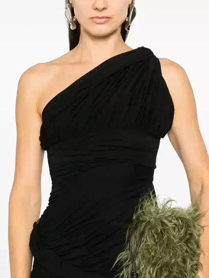 Asymmetric One-Shoulder Draped Gathered Twist Dress - Dresses