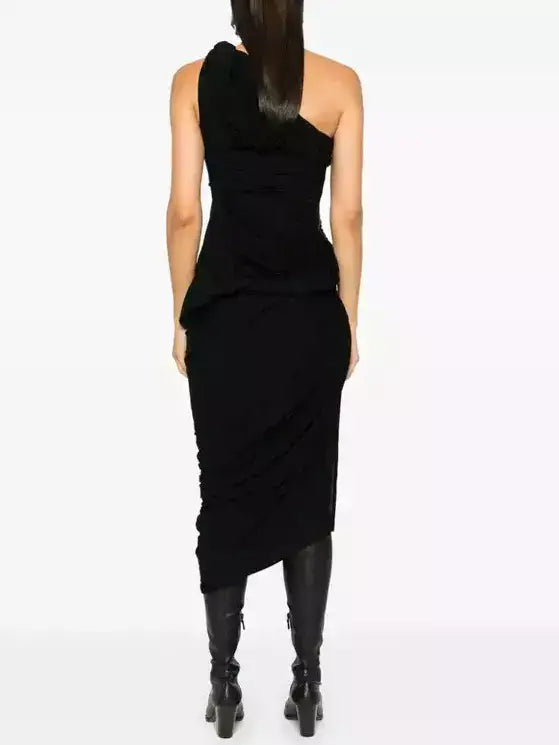 Asymmetric One-Shoulder Draped Gathered Twist Dress - Dresses
