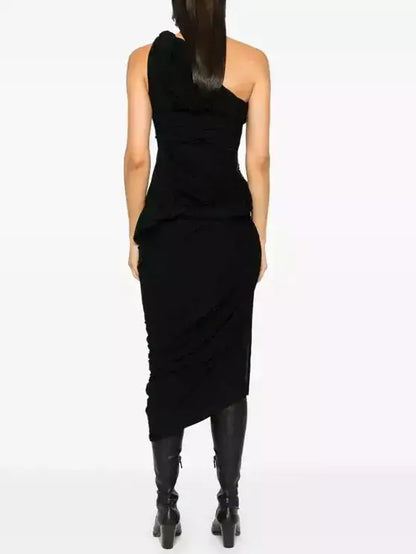 Asymmetric One-Shoulder Draped Gathered Twist Dress - Dresses