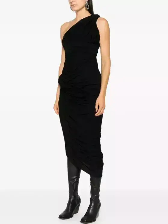 Asymmetric One-Shoulder Draped Gathered Twist Dress - Dresses