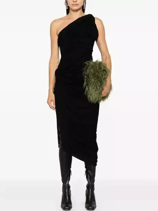 Asymmetric One-Shoulder Draped Gathered Twist Dress - Dresses