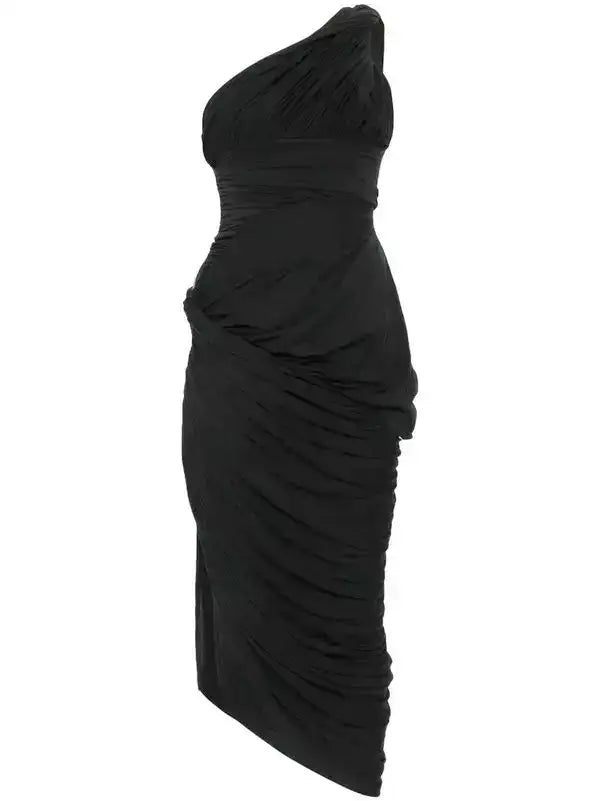 Asymmetric One-Shoulder Draped Gathered Twist Dress - Small / Black - Dresses