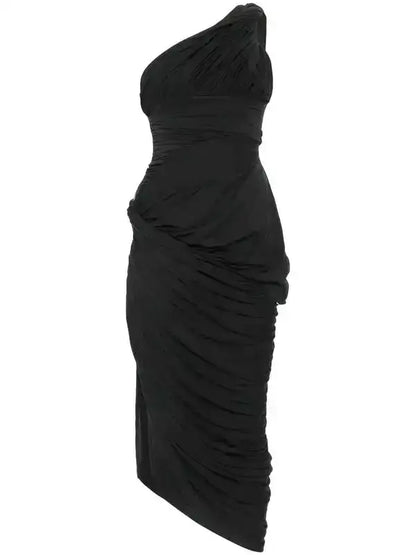 Asymmetric One-Shoulder Draped Gathered Twist Dress - Small / Black - Dresses