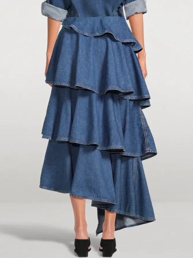 Asymmetric Spiral Ruffled Tiered Denim Skirt - Skirts