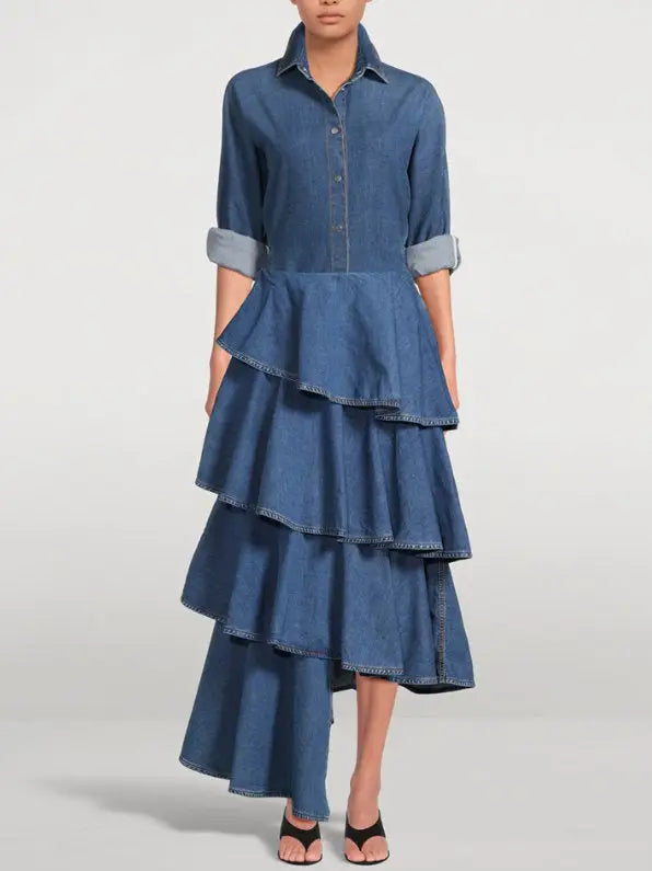 Asymmetric Spiral Ruffled Tiered Denim Skirt - Skirts