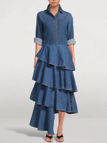 Asymmetric Spiral Ruffled Tiered Denim Skirt - Skirts