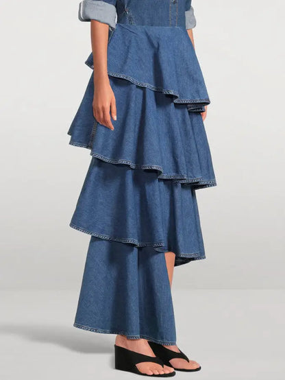 Asymmetric Spiral Ruffled Tiered Denim Skirt - Skirts