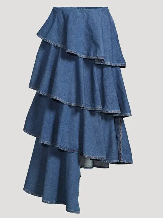 Asymmetric Spiral Ruffled Tiered Denim Skirt - Skirts