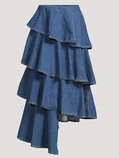 Asymmetric Spiral Ruffled Tiered Denim Skirt - Skirts