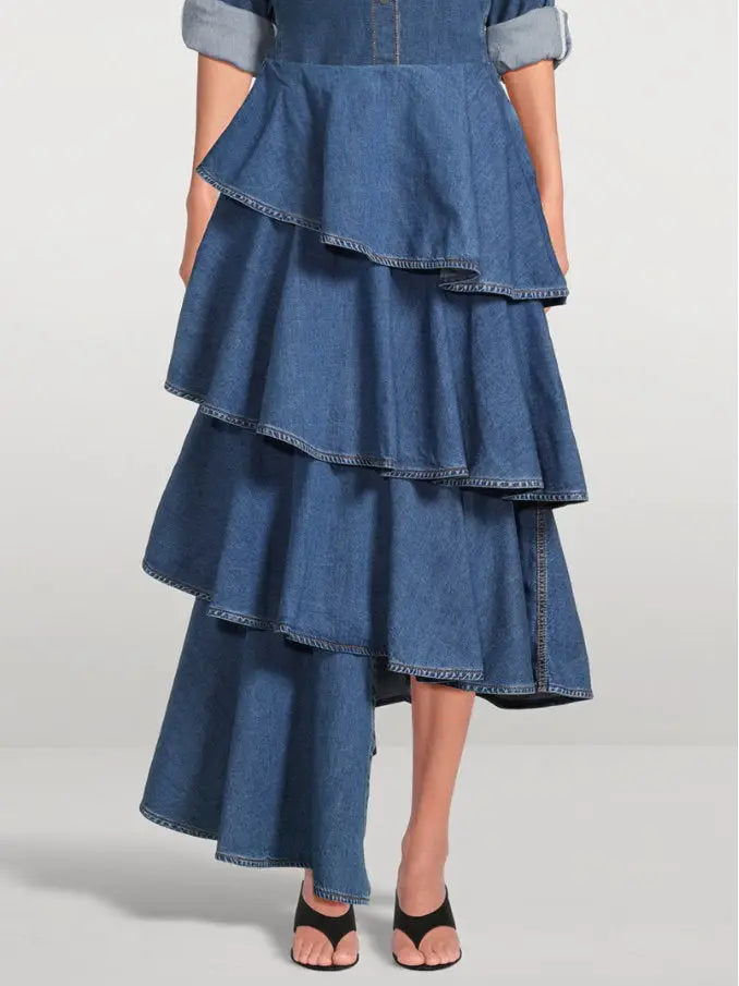Asymmetric Spiral Ruffled Tiered Denim Skirt - Skirts