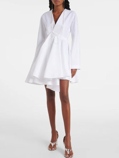 Asymmetric White Cotton V-Neck Mini Dress - Dresses