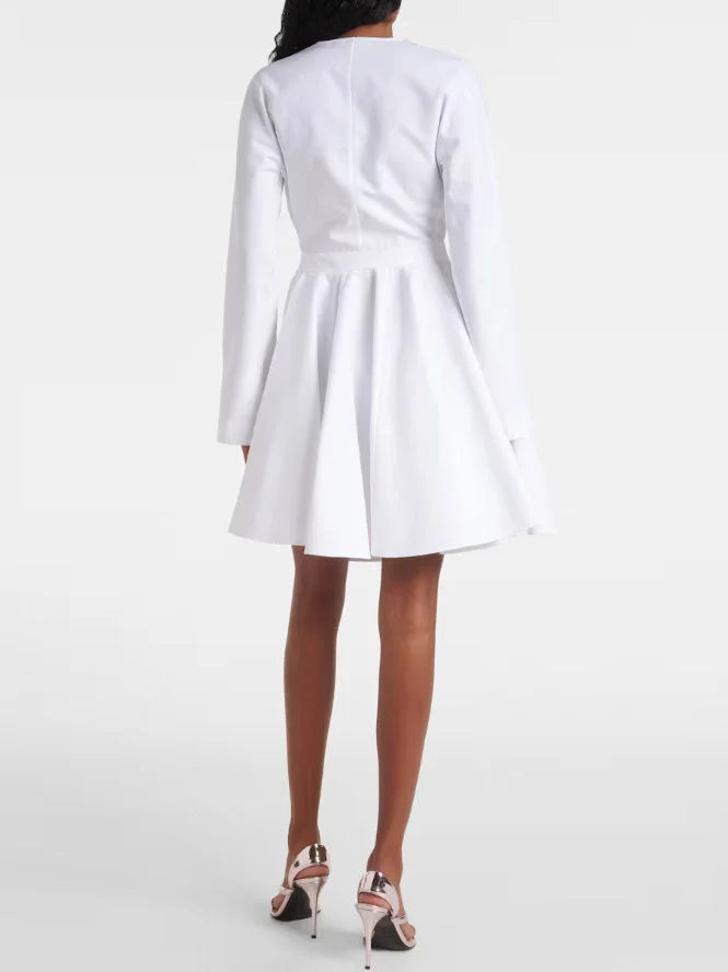 Asymmetric White Cotton V-Neck Mini Dress - Dresses