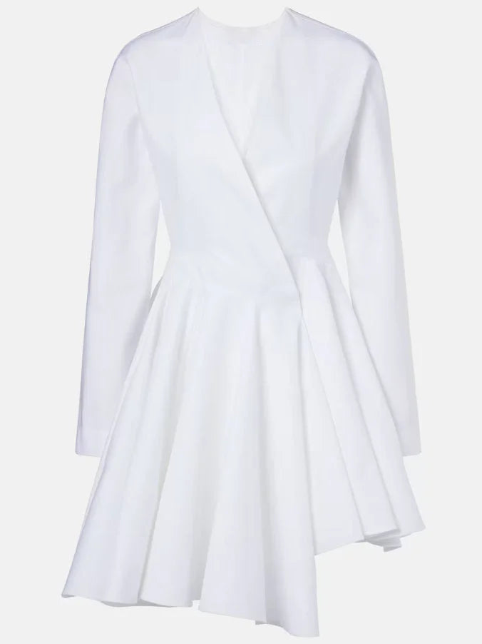 Asymmetric White Cotton V-Neck Mini Dress - Dresses