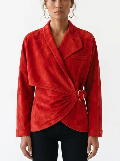 Asymmetric Wrap Suede Jacket with Buckle Waist - S / Red - Jackets