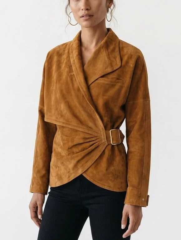 Asymmetric Wrap Suede Jacket with Buckle Waist - Jackets