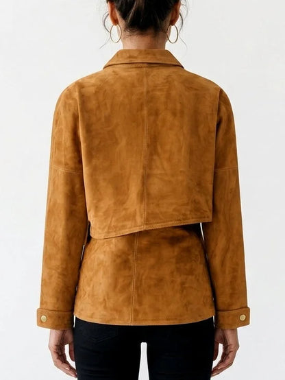 Asymmetric Wrap Suede Jacket with Buckle Waist - Jackets