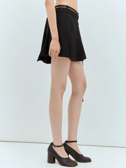 Asymmetrical Belted Pleated Black Mini Skirt Branna Couture