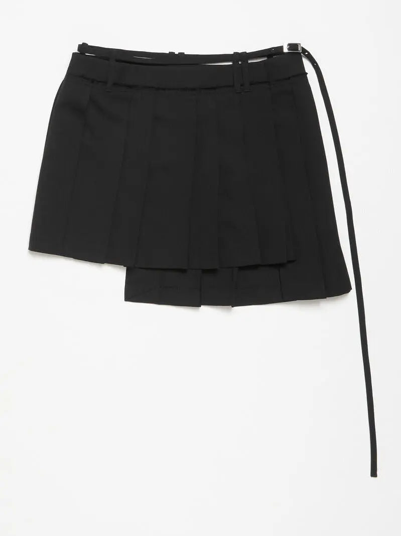 Asymmetrical Belted Pleated Black Mini Skirt Branna Couture