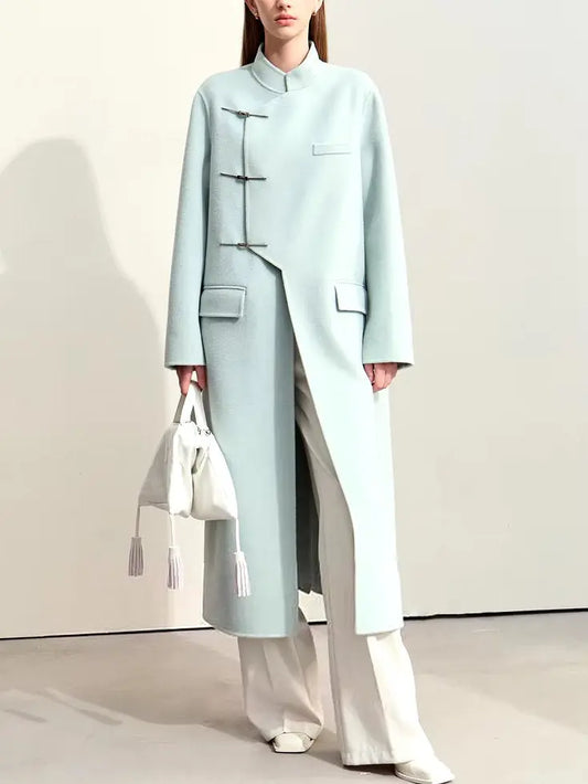 Asymmetrical-Closure Mandarin Collar Wool Coat in Pale Blue Branna Couture