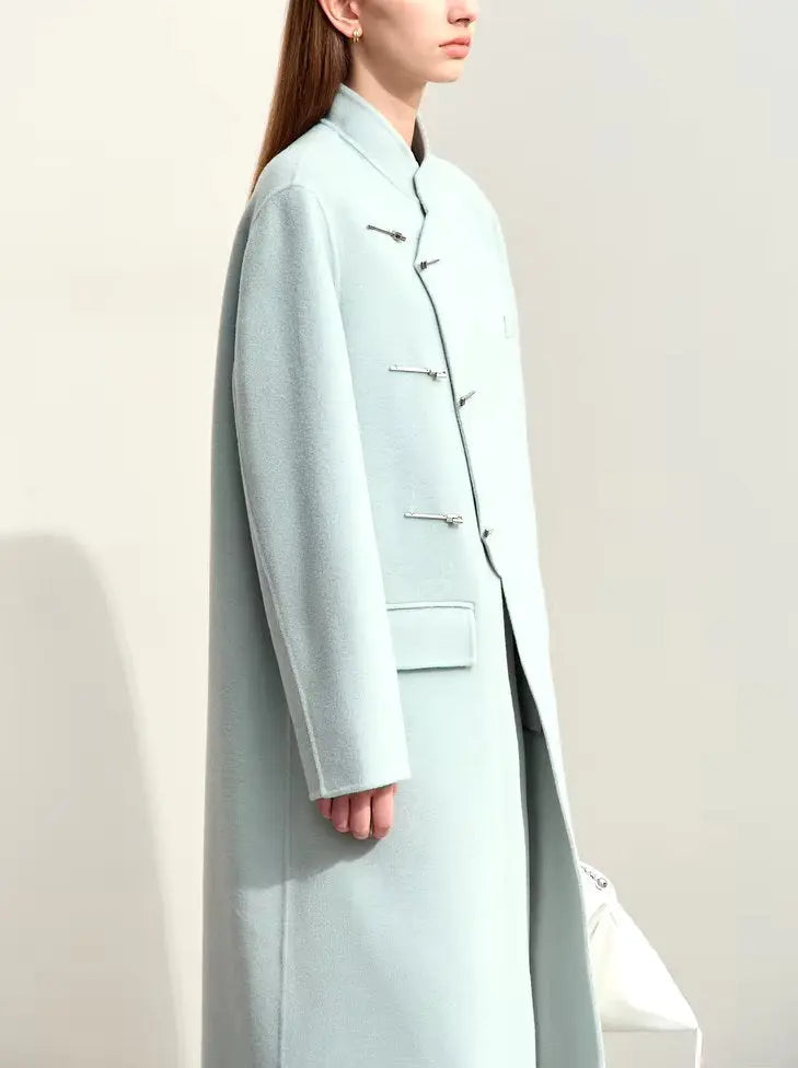 Asymmetrical-Closure Mandarin Collar Wool Coat in Pale Blue Branna Couture