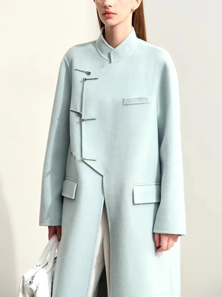 Asymmetrical-Closure Mandarin Collar Wool Coat in Pale Blue Branna Couture