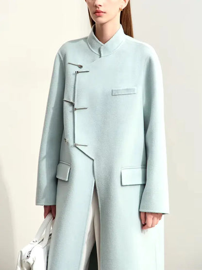 Asymmetrical-Closure Mandarin Collar Wool Coat in Pale Blue Branna Couture