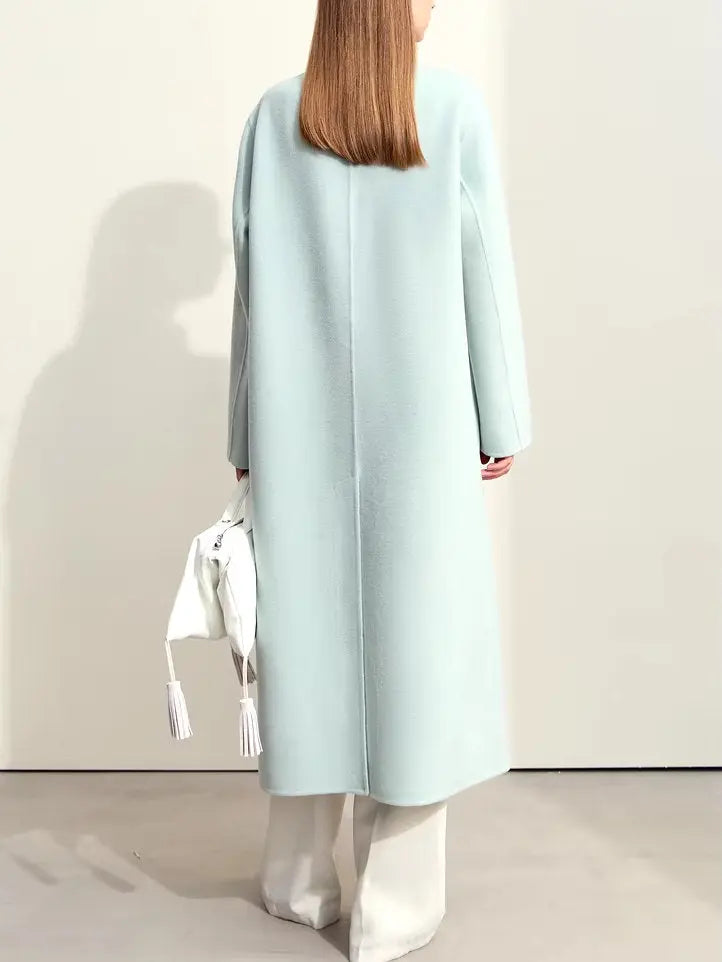 Asymmetrical-Closure Mandarin Collar Wool Coat in Pale Blue Branna Couture