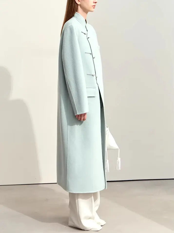 Asymmetrical-Closure Mandarin Collar Wool Coat in Pale Blue Branna Couture