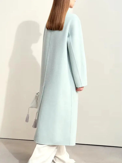 Asymmetrical-Closure Mandarin Collar Wool Coat in Pale Blue Branna Couture