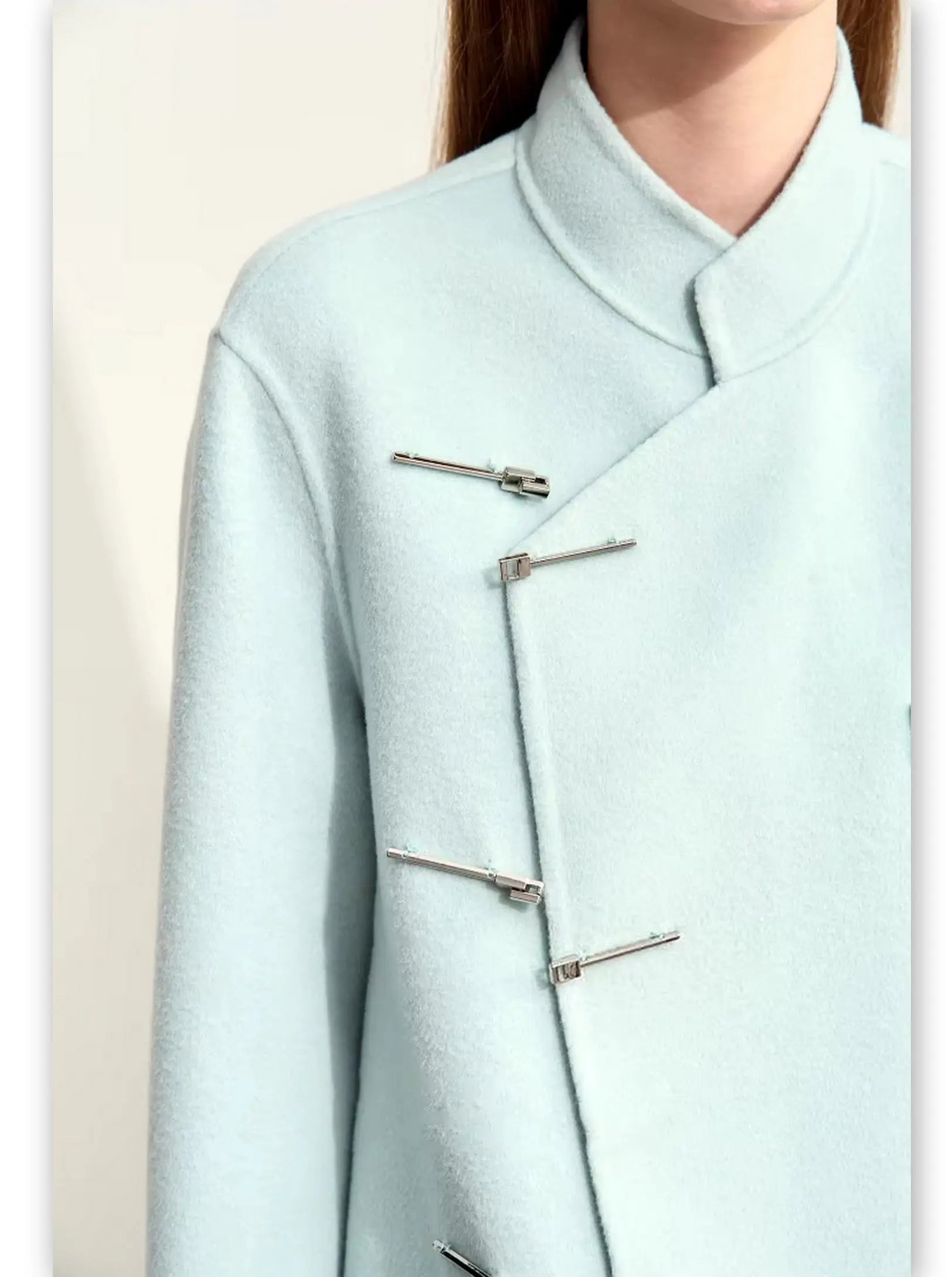 Asymmetrical-Closure Mandarin Collar Wool Coat in Pale Blue Branna Couture