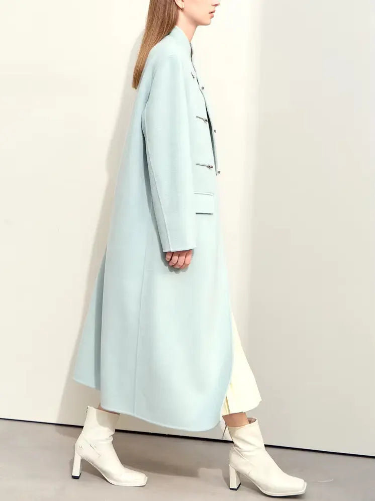 Asymmetrical-Closure Mandarin Collar Wool Coat in Pale Blue Branna Couture