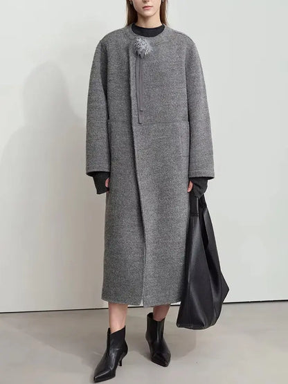 Asymmetrical-Closure Wool Coat with Removable Corsage Branna Couture