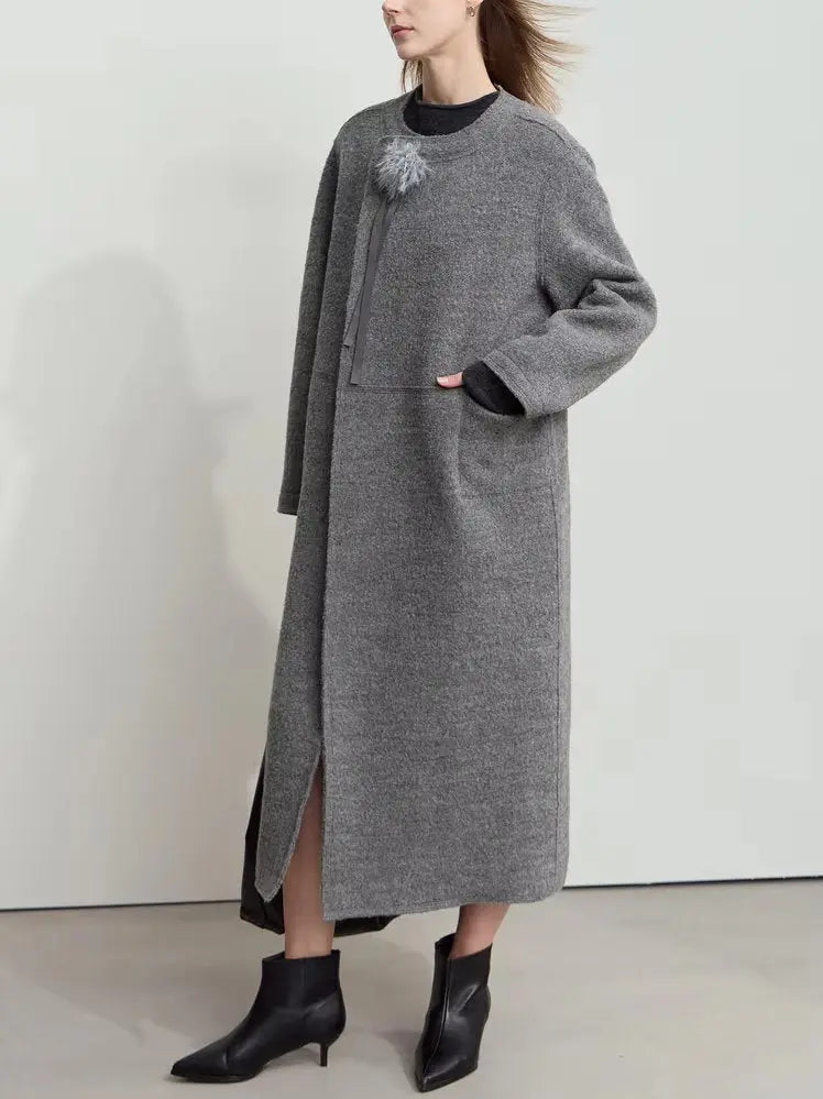 Asymmetrical-Closure Wool Coat with Removable Corsage Branna Couture