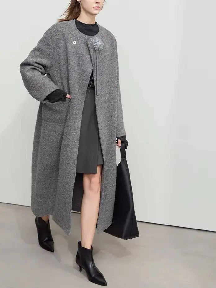 Asymmetrical-Closure Wool Coat with Removable Corsage Branna Couture