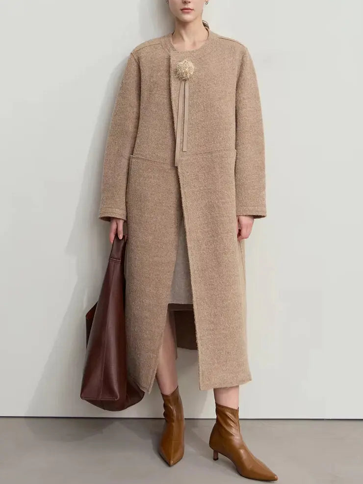 Asymmetrical-Closure Wool Coat with Removable Corsage Branna Couture