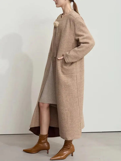 Asymmetrical-Closure Wool Coat with Removable Corsage Branna Couture