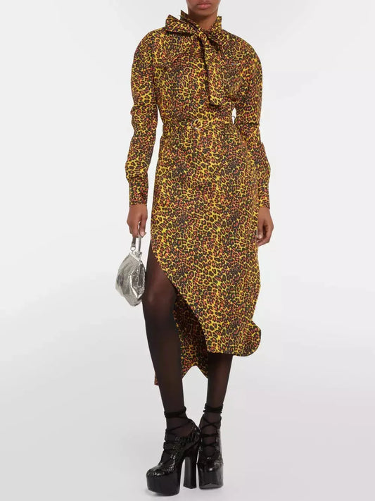 Asymmetrical Leopard-Print Midi Dress with Neck Tie - Branna Couture