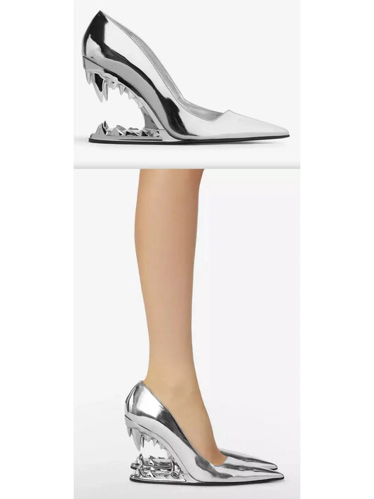 Asymmetrical Morso Laminated Pumps in Silver - Branna Couture