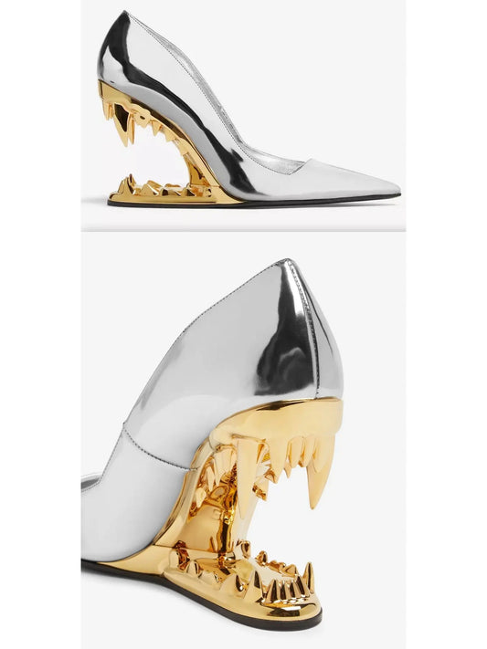 Asymmetrical Morso Laminated Pumps in Silver and Gold - Branna Couture