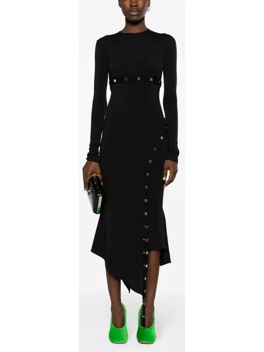 Asymmetrical Snap-Button Black Midi Dress - Branna Couture